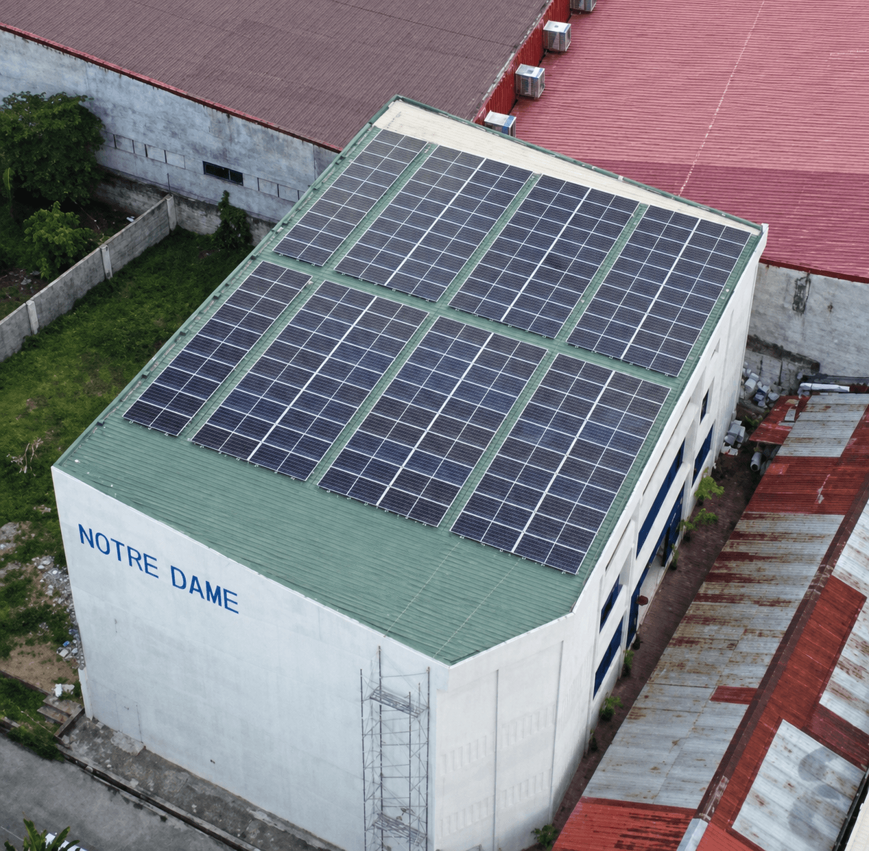 Aerial view of a Solartech solar PV installation on a Notre Dame building