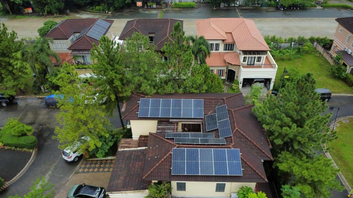 Aerial view of the Solartech Portofino 14 kW hybrid solar installation with EV charger